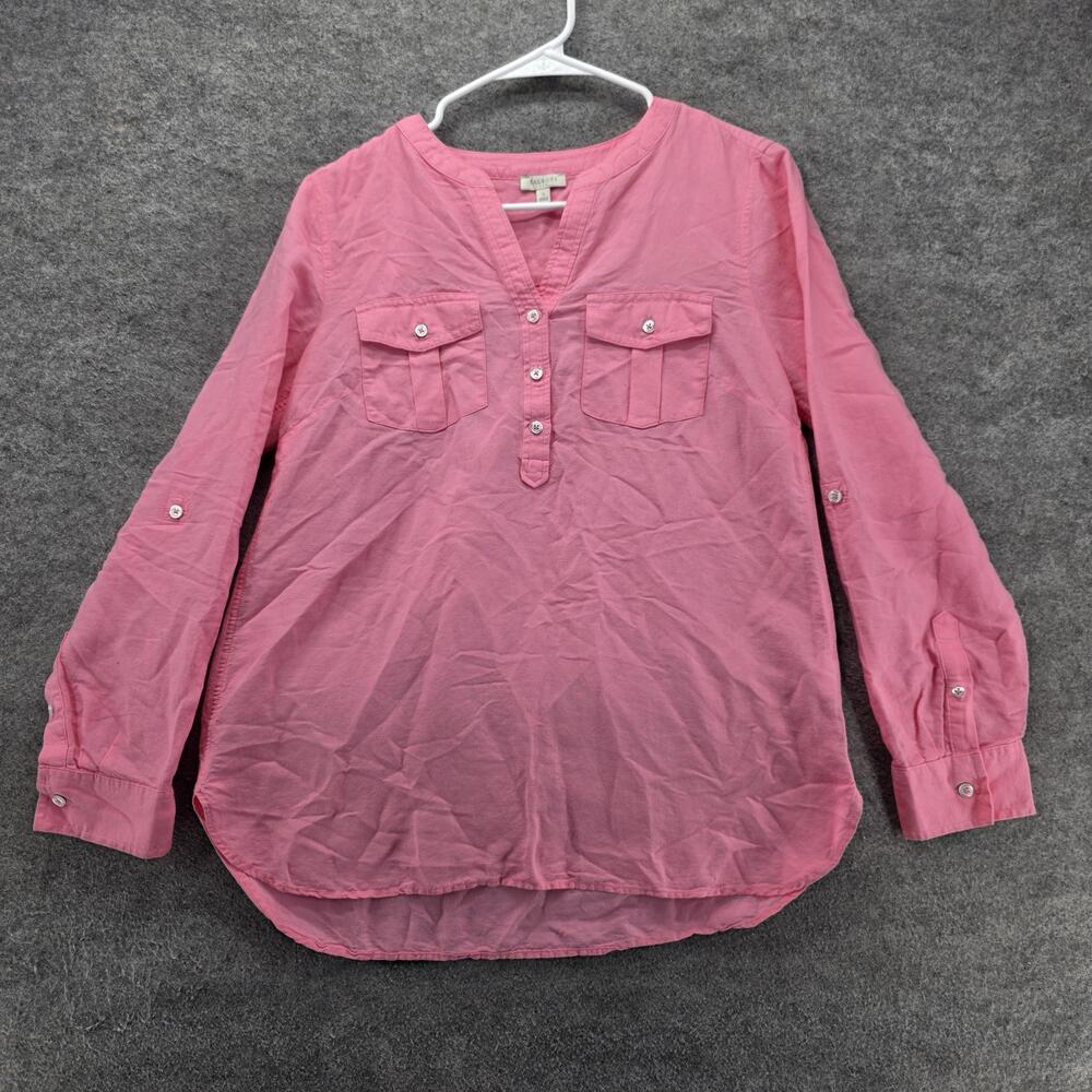 Talbots Blouse Tunic Womens S Pink V-Neck Roll Tab Sleeve Linen Rayon Casual